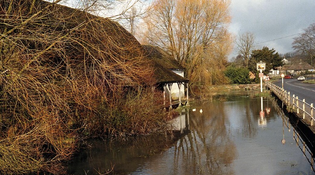 The River Ebble at Coombe Bissett Looking northeast on the main Blandford - Salisbury road, the old mill is to the left.