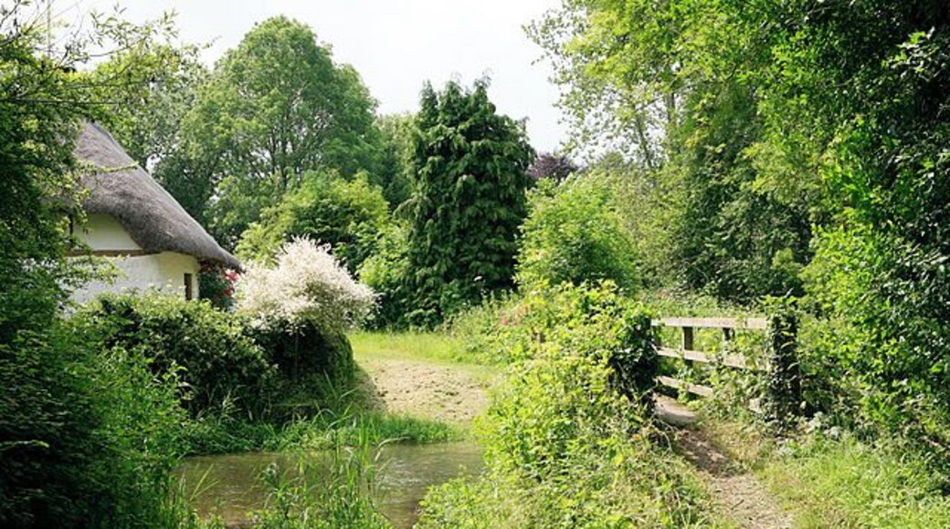 Footbridge & ford across River Ebble, Stockbridge Cottage, Coombe Bissett. The footpath which runs south from Homington House, crosses the River Ebble here and enters the built-up northern edge of Coombe Bissett. The thatched cottage on the far bank is called Stockbridge Cottage.