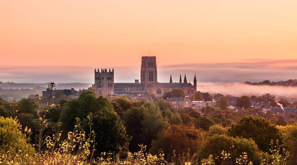 The view of the Durham Cathedral in the sunrise and mist from the Observatory Hill