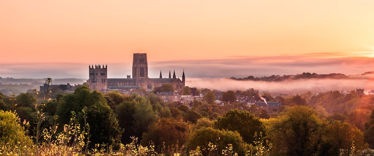A historic cathedral with a tall spire, surrounded by lush greenery and a sunrise in the background.