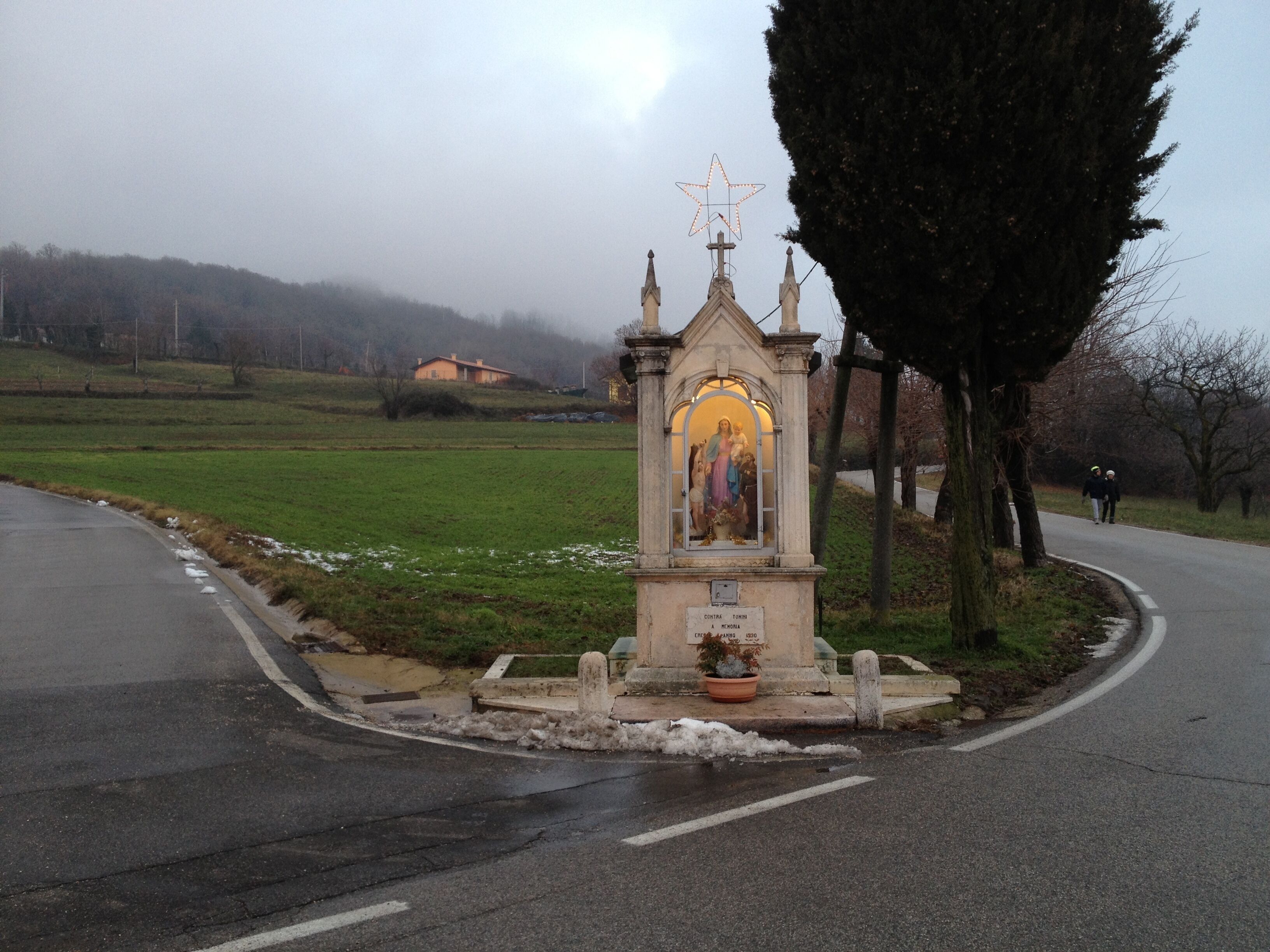 A roadside shrine with a religious statue, surrounded by a grassy area and a road.