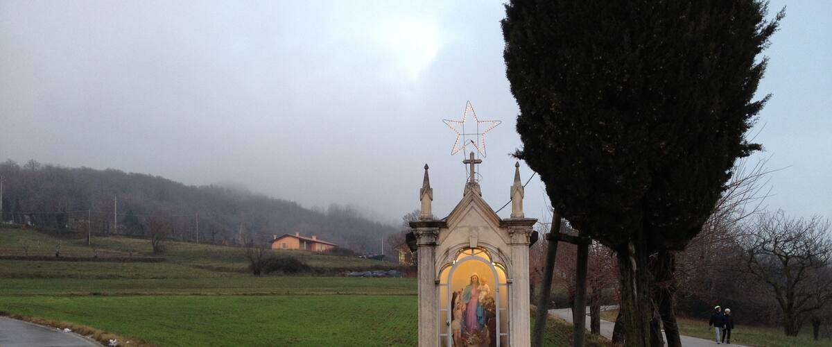 A roadside shrine with a religious statue, surrounded by a grassy area and a road.