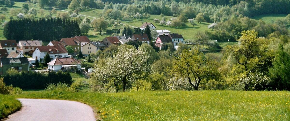 A rural landscape with rolling hills, a winding road, and a cluster of houses.