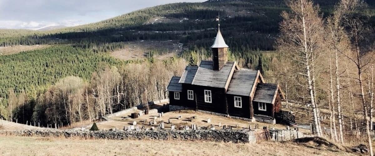 A wooden church with a steeple surrounded by a forest and a mountain in the background.