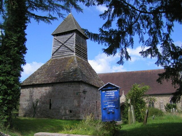St Leonard's parish church, Yarpole, Herefordshire, seen from the south. On the left is its free-standing bell tower
