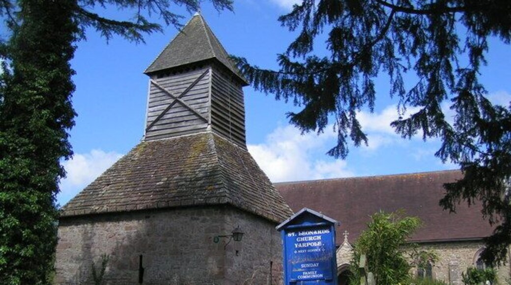 St Leonard's parish church, Yarpole, Herefordshire, seen from the south. On the left is its free-standing bell tower