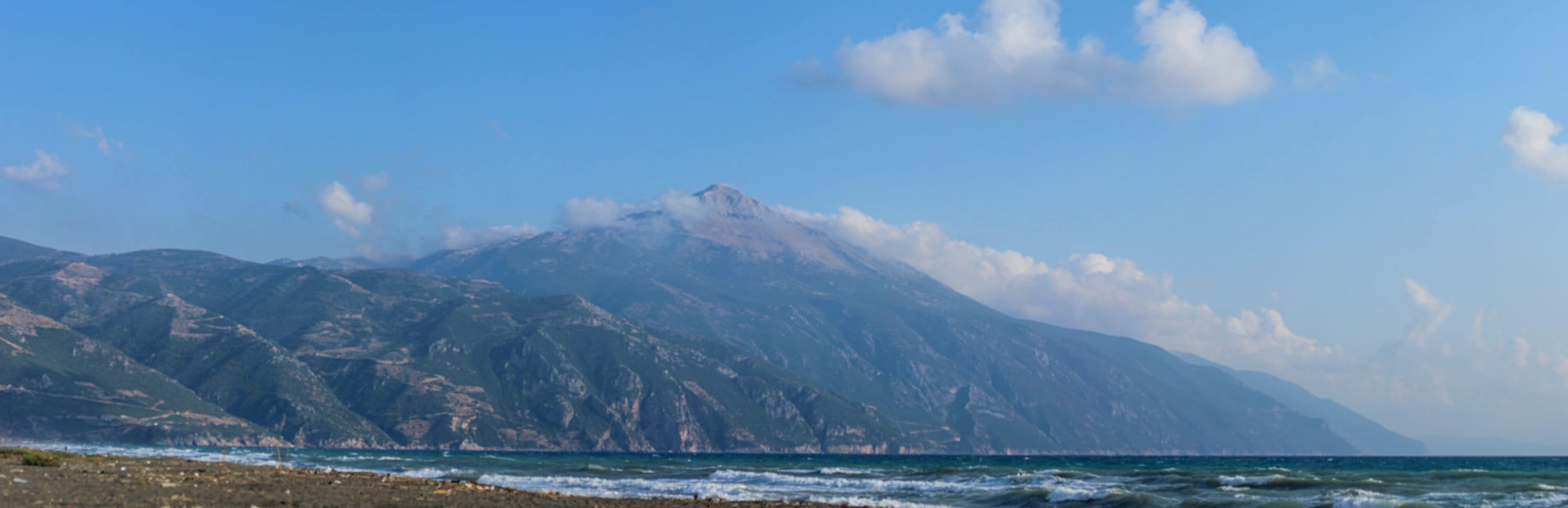 Panoramic view of Kel Mountain in Hatay, Turkey. Sea and mountain view.