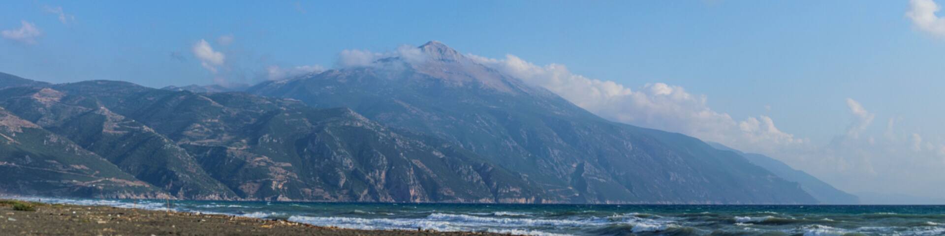 Panoramic view of Kel Mountain in Hatay, Turkey. Sea and mountain view.