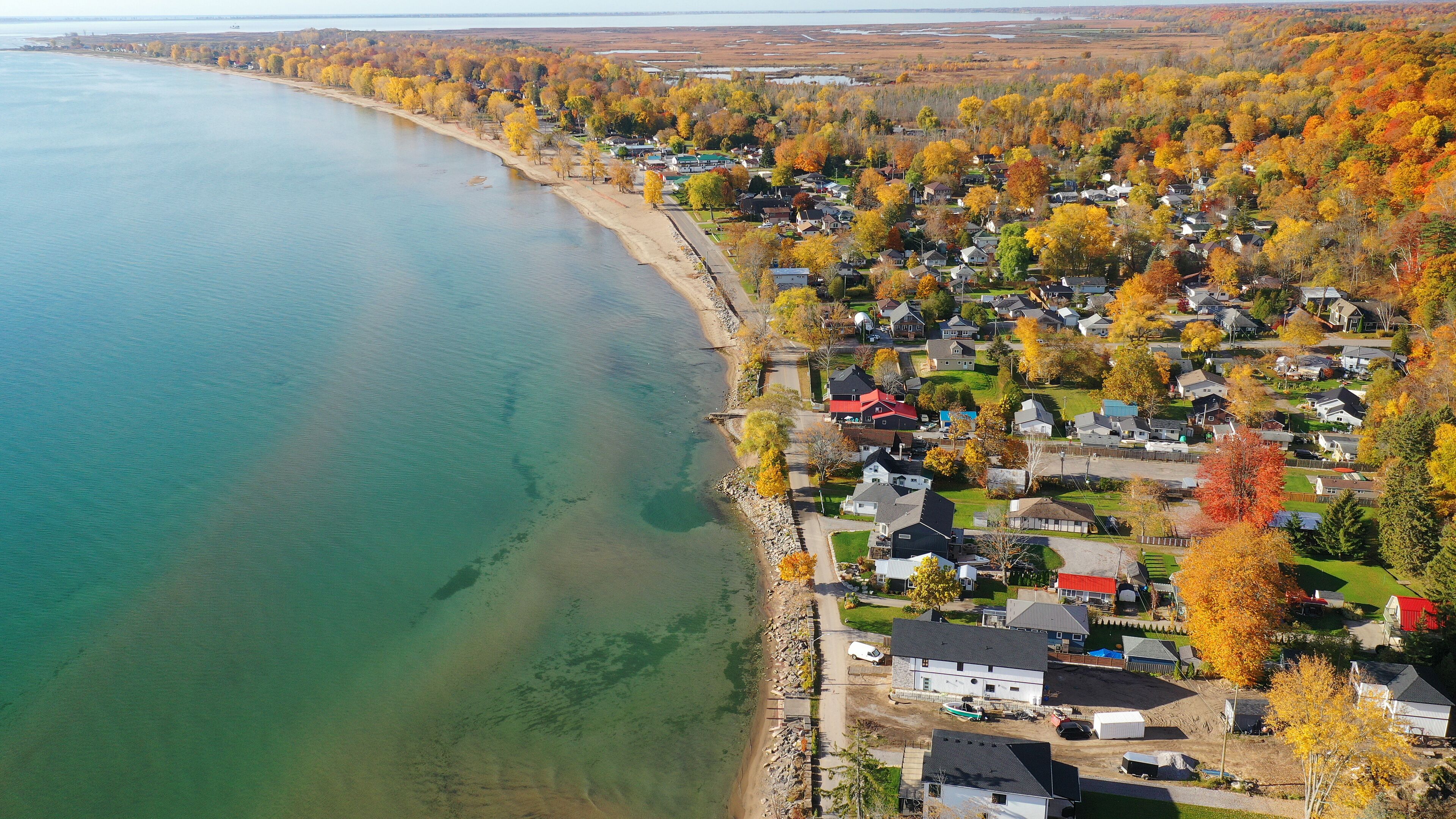 A coastal town with houses along a beach, surrounded by autumn-colored trees.