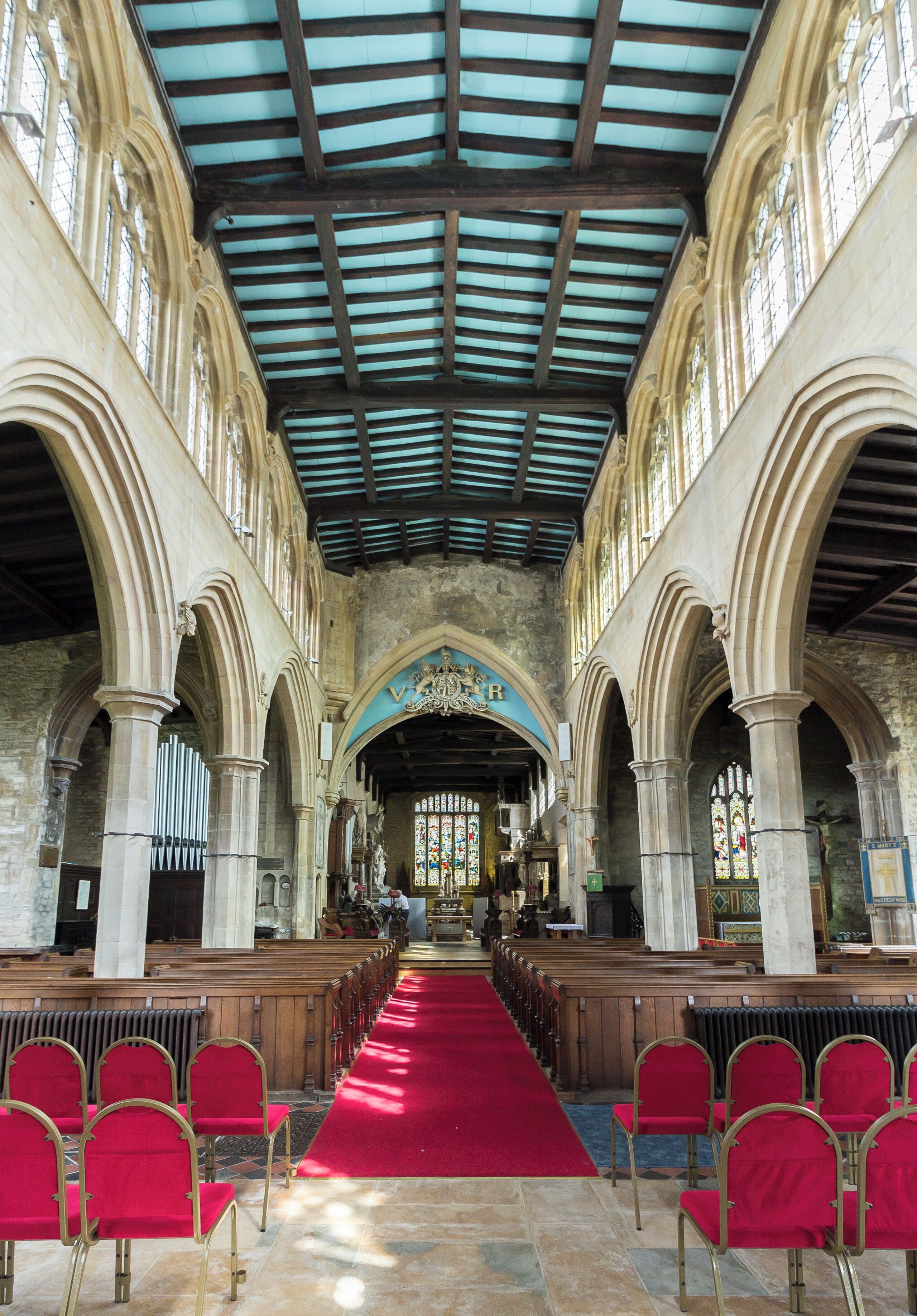 Grade I listed. The chancel was once the nave of an earlier church dating back to the 12th century. John Mareschall who in 1282 owned the manor of Bottesford and left money in 1295 for the church at Bottesford. In 1330 William de Roos founded a chantry to St Mary and St John the Evangelist. The Rector John de Codyngtoun and John Bauland obtained a license on 12 January 1359 for the maintenance of a priest to perform a daily divine service at the altar of St Peter for the welfare of the founders, Walter Payn, parents and friends. A chantry of St Peter was founded in the north transept on 5 December 1368. Edward III granted a license on 26 June 1373 to Henry de Codyngtoun to settle a house and land on a chantry priest of St Mary and St John the Evangelist. The tower is dated from around 1420. In 1538 with the dissolution of Croxton Abbey and Beolvoir Priory, Thomas Manners the 1st Earl of Rutland brought in 5 family memorials.
 Pic by Jenny.