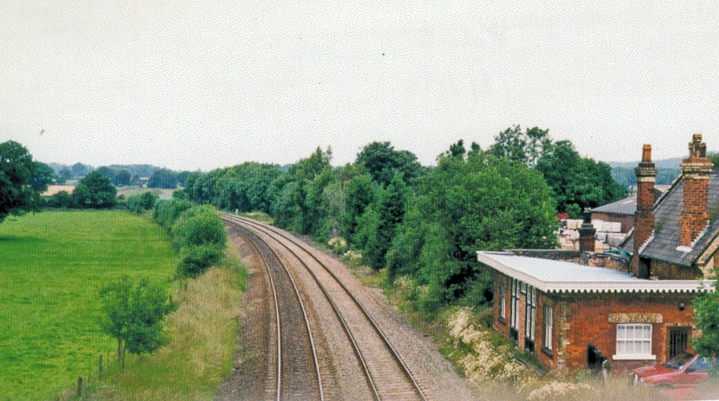 Hadnall: former station, 1998. View northward, towards Whitchurch and Crewe: ex-LNWR Crewe - Shrewsbury main line. The station was closed to passengers 2/5/60 (to goods 2/11/64), but the line remains as the North - West through route