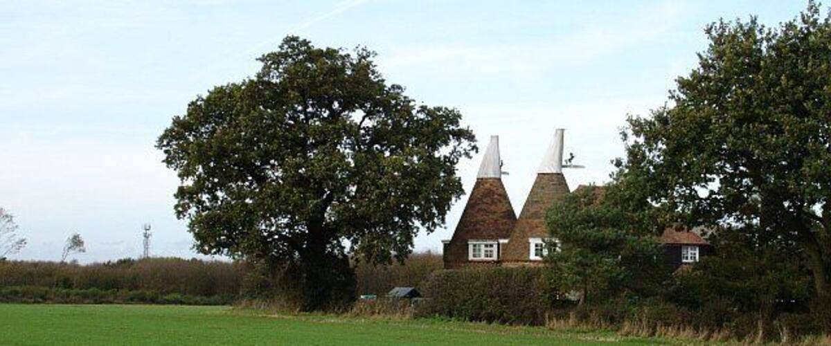 Oasts at Tillman Gate Farm. Converted, as most have been, for residential use. The crop looks like winter wheat.