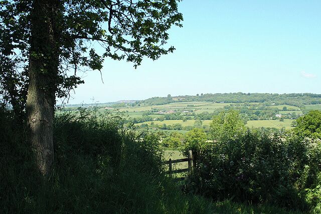 Uffculme: above Bodmiscombe Wood Farm. Looking north-north-east to Hackpen Hill with Culmstock Beacon beyond