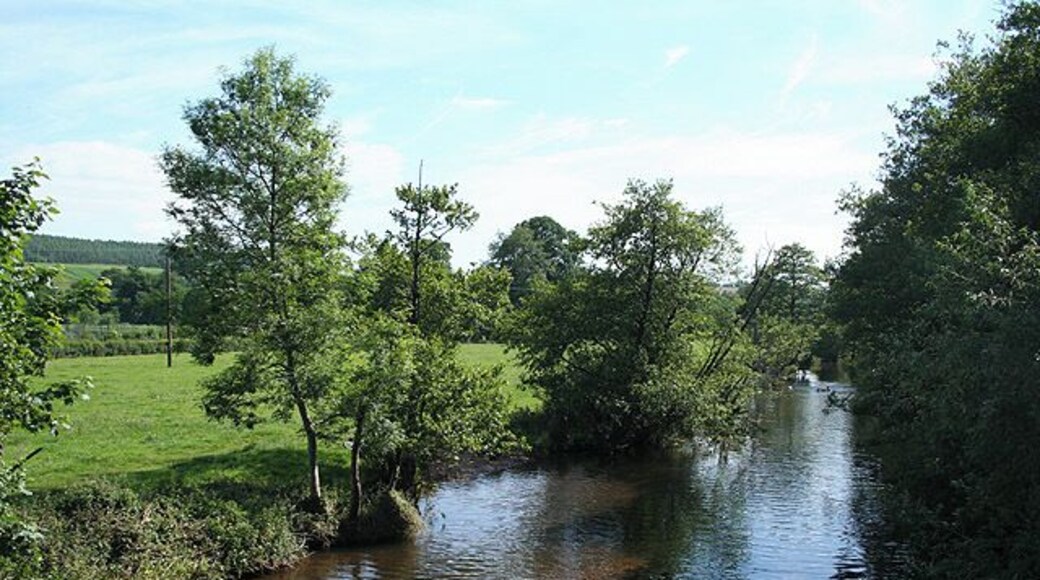 Uffculme: the river Culm Below the bridge in Bridge Street. The Culm rises on the Blackdowns and meets the Exe below Stoke Canon