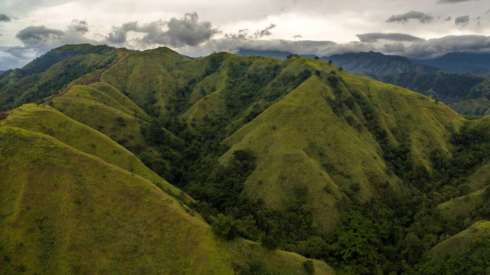 A mountainous landscape with lush green hills and dense forests.