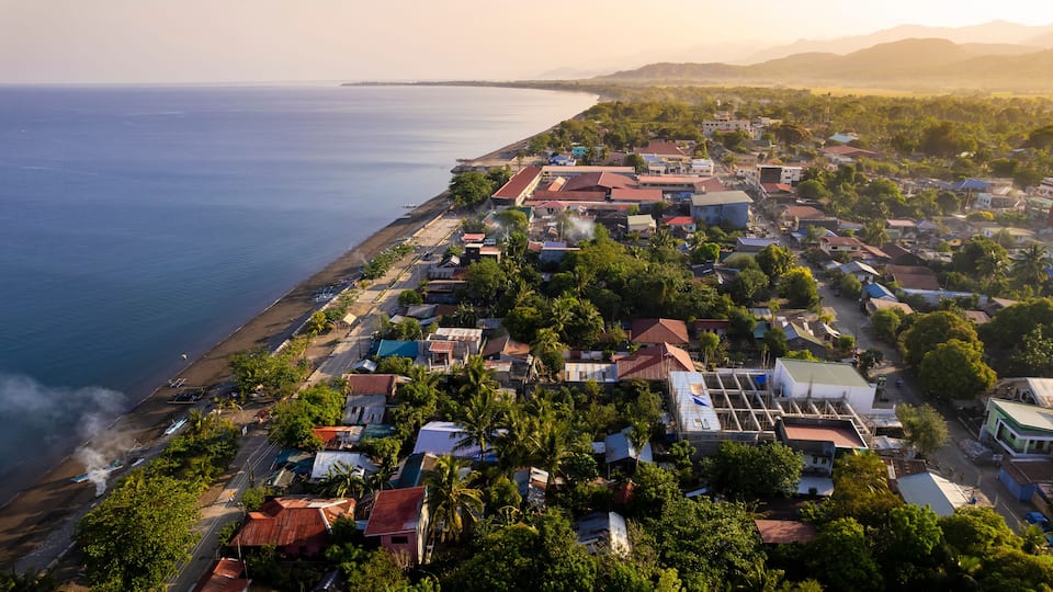 A coastal town with a beach, houses, and palm trees.