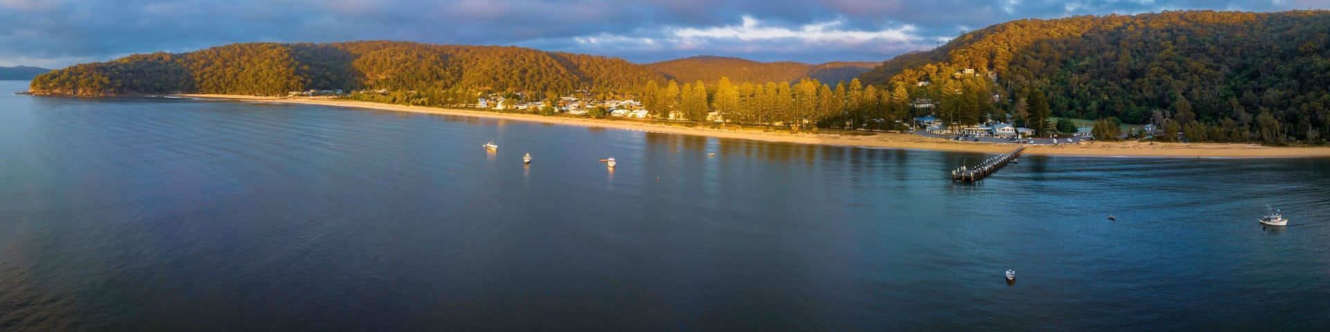 A coastal landscape with a beach, a pier, and a forested hill.
