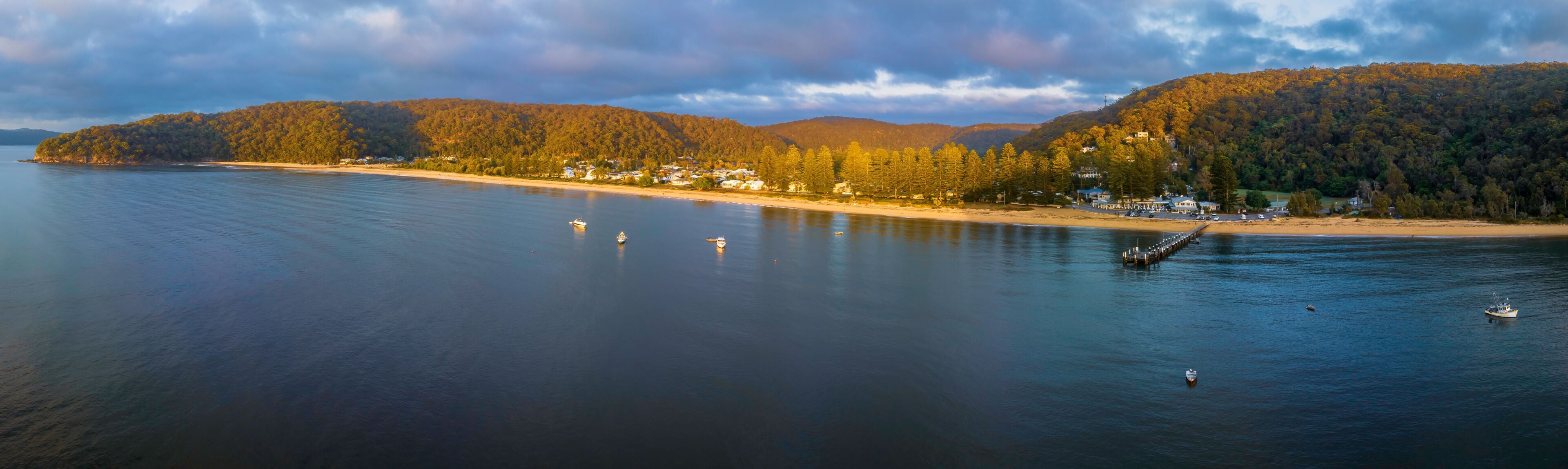 A coastal landscape with a beach, a pier, and a forested hill.