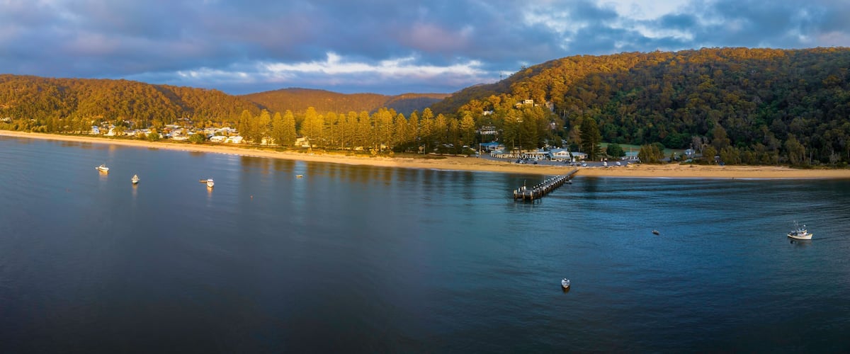 A coastal landscape with a beach, a pier, and a forested hill.