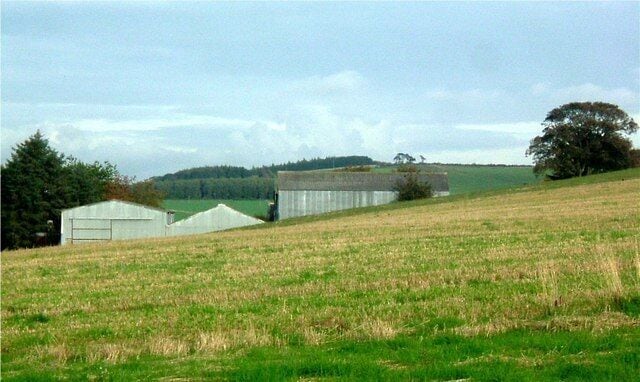 A rural landscape with a barn, open fields, and a tree.