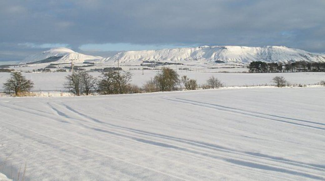 Snow covered arable land, Milnathort Farmland with a view towards West Lomond and Bishop Hill.