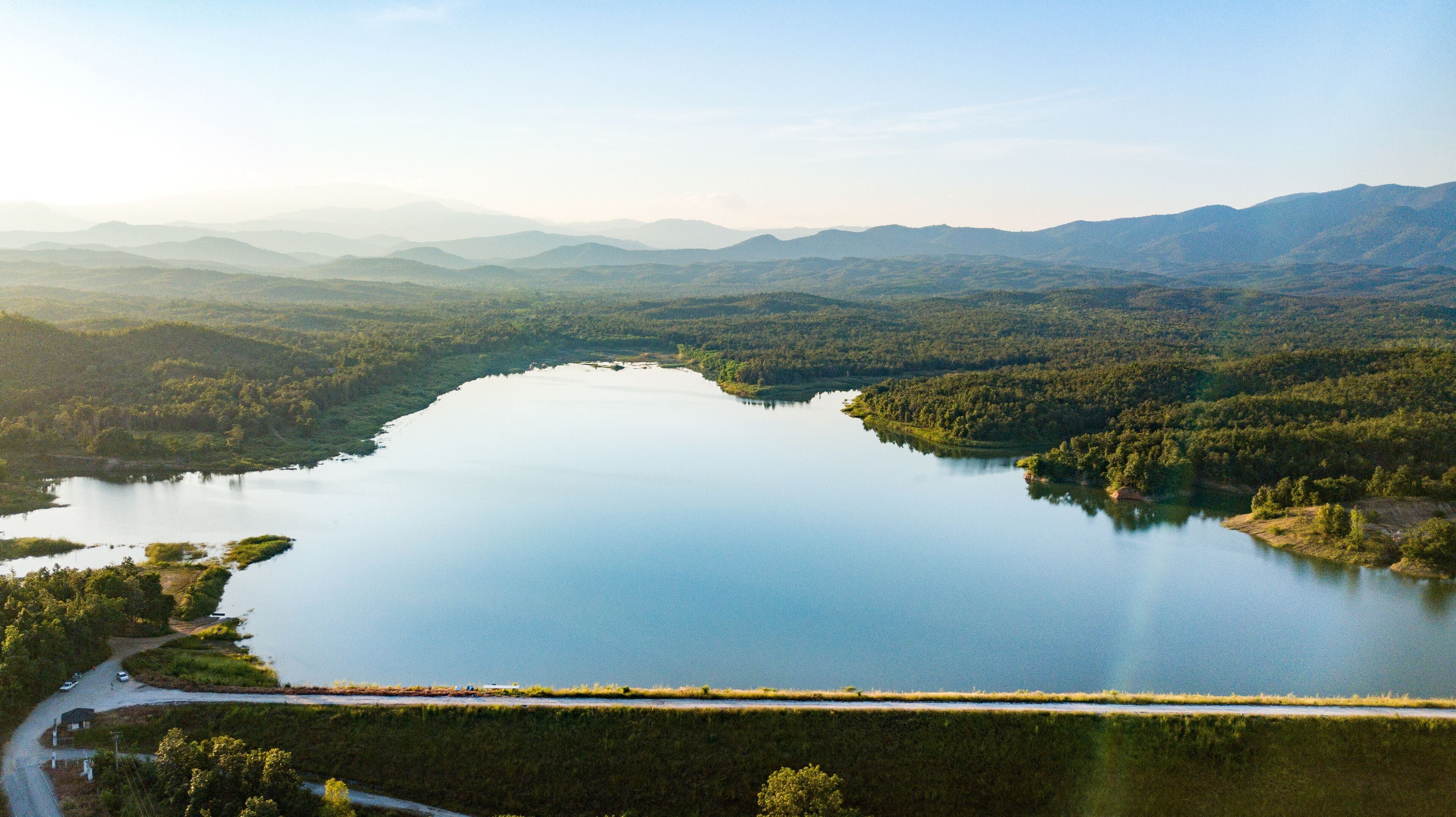 Pong Chor Reservoir in Mae Wang National Park Chiang Mai, Thailand. Photo in aerial view by drone with beautiful nature.  Abstract of peaceful, peace wallpaper background.
