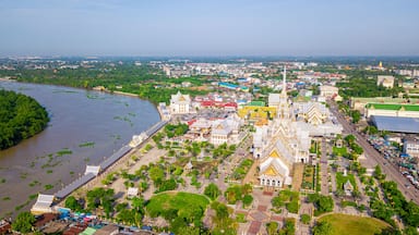 Aerial view of great grand architecture of Wat Sothon Wararam Worawihan located near Bang Pakong river in Chachoengsao province, Thailand.