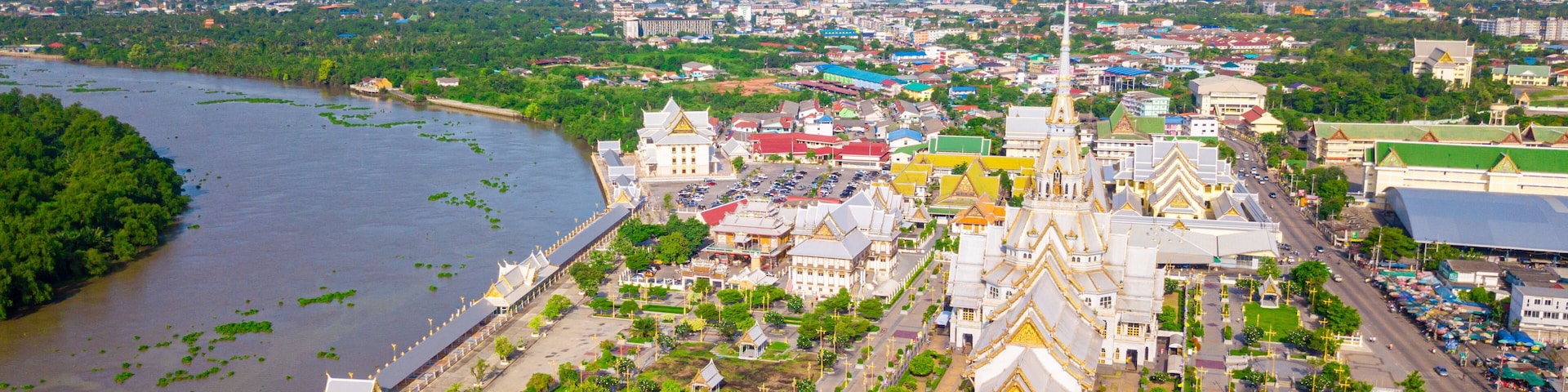 Aerial view of great grand architecture of Wat Sothon Wararam Worawihan located near Bang Pakong river in Chachoengsao province, Thailand.