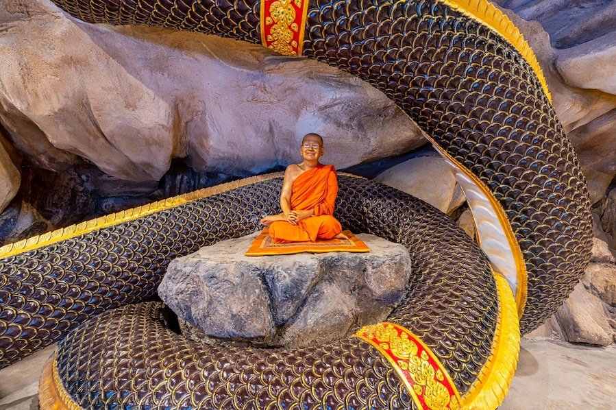 Phanat Nikhom District, Chon Buri / Thailand / February 16, 2020 : Wat Luang Phi Saem. So beautiful and peaceful, the temple is clean and comfortable to walk around. It doesn’t look so commercial..