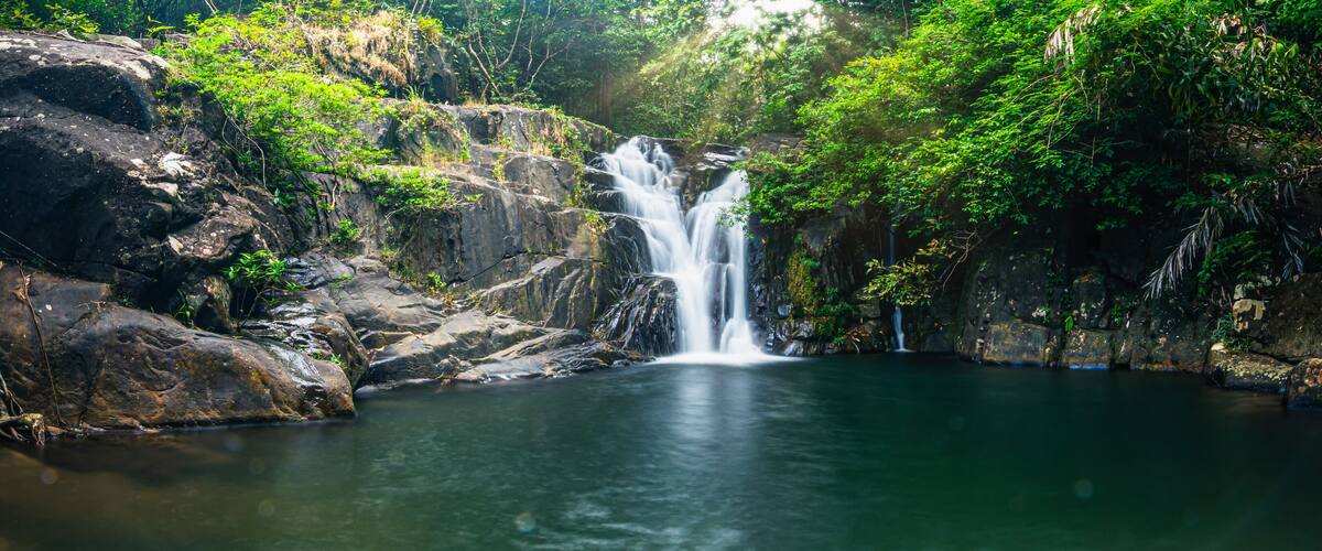 A waterfall cascading into a clear pool surrounded by rocky terrain and lush greenery.
