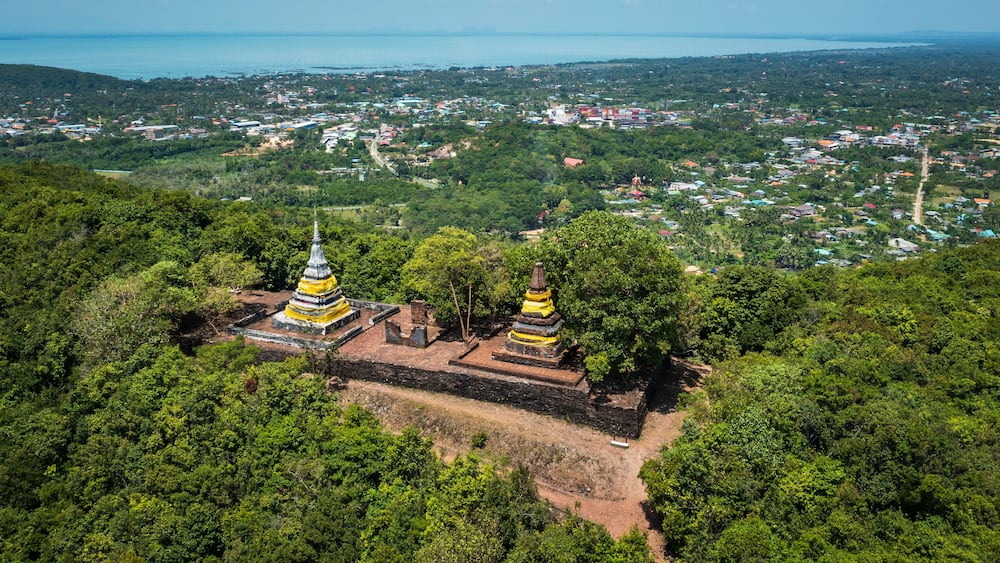 The Two Stupas on Khai Muang Hill (Black and white pagoda or TWO BROTHERS PAGODA). Songkhla ancient town at Hua Khao, Singhanakhon, Songkhla, Thailand