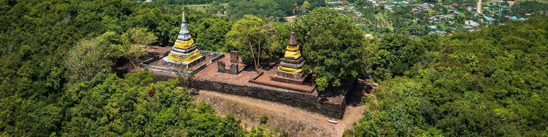 The Two Stupas on Khai Muang Hill (Black and white pagoda or TWO BROTHERS PAGODA). Songkhla ancient town at Hua Khao, Singhanakhon, Songkhla, Thailand