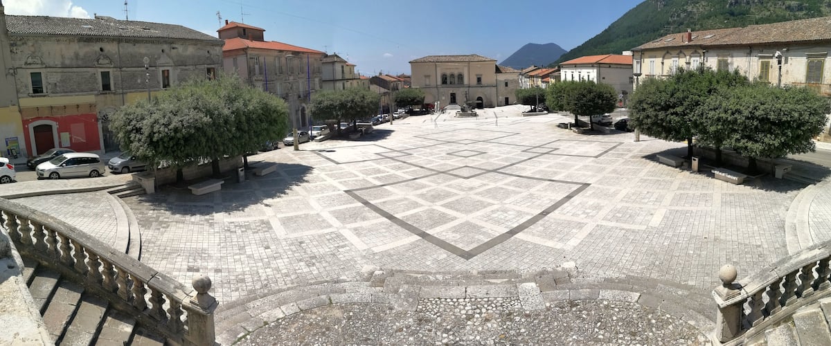 A plaza with tiled pavement, trees, and historic buildings.