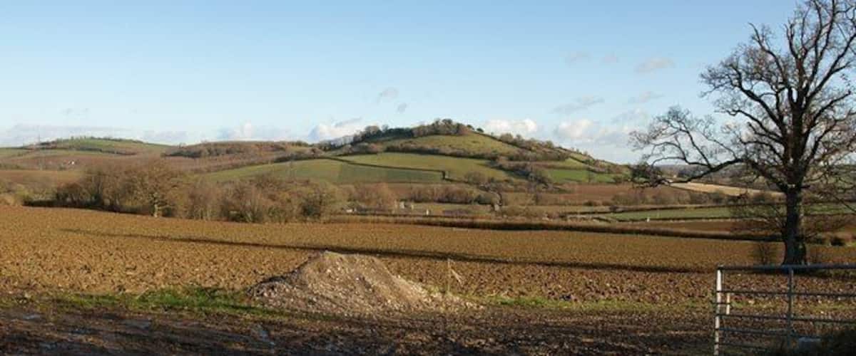 A rural landscape with rolling hills, a dirt path, and a metal gate.