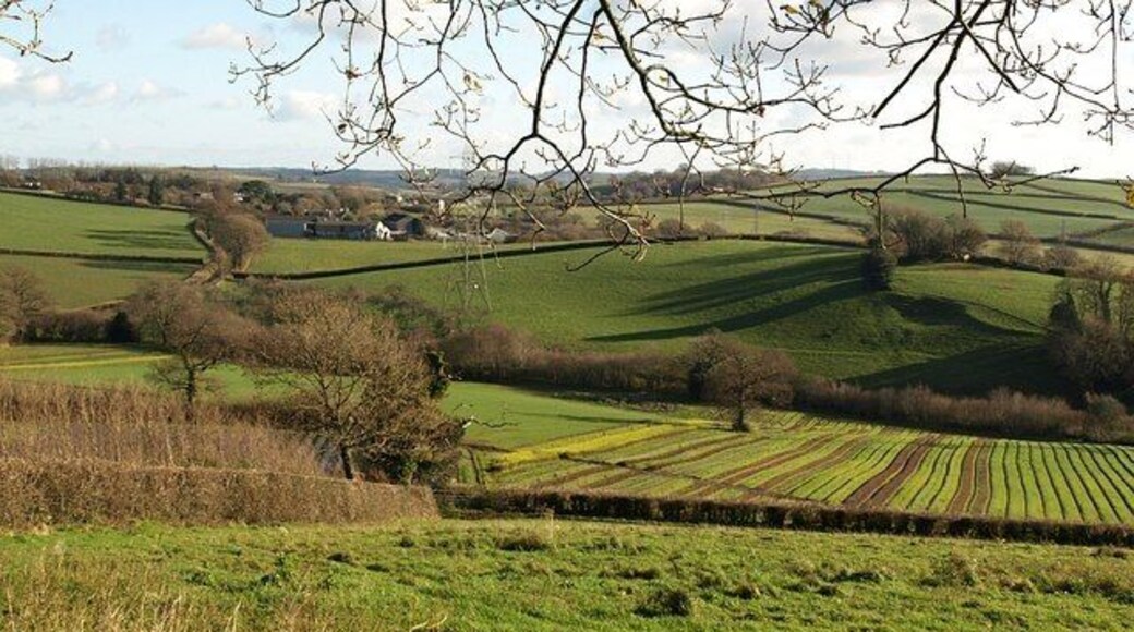 Farmland below Tor Hill. A view across the scene shown in 1074522 - the path can seen crossing the strips in the centre. On the left is Barkingdon Manor.