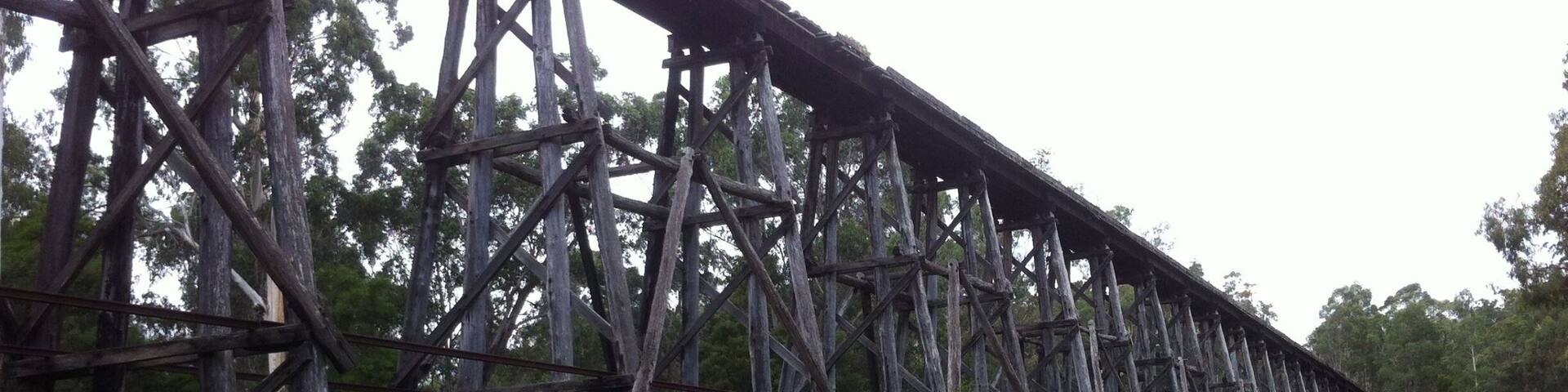 The Stony Creek Trestle Bridge, built in 1916 was a railway bridge. In service for over 60 years the bridge was damaged by bushfire in 1980, with the last train crossing in 1988.
It is 247m long and 20m high