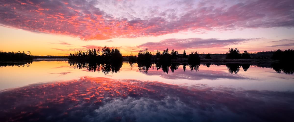 A sunset over a calm lake with trees silhouetted against the sky.