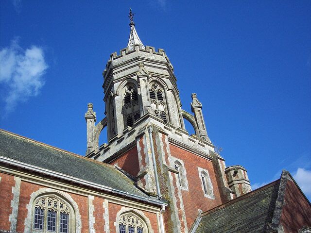 Central tower and spire of St Leonard's parish church, Sherfield English, Hampshire, seen from the southwest