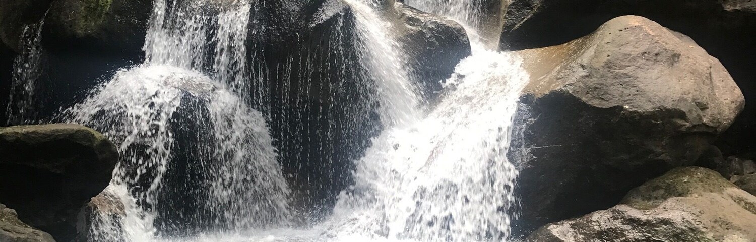 Uma cascata descendo sobre rochas em uma área arborizada.
