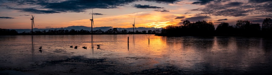 Un atardecer sobre una masa de agua, con aerogeneradores y árboles silueteados contra el cielo.