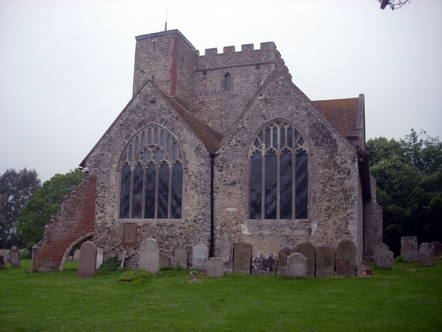 All Saints Church beside the North Downs Way at Boughton Aluph, Kent, England.