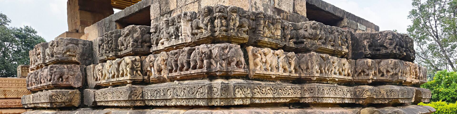Carved Designs Outside on the Shri Pataleshwar Temple, it was built By Somraj, a Brahmin in 12th Century, Malhar, Bilaspur, Chhattisgarh, India...