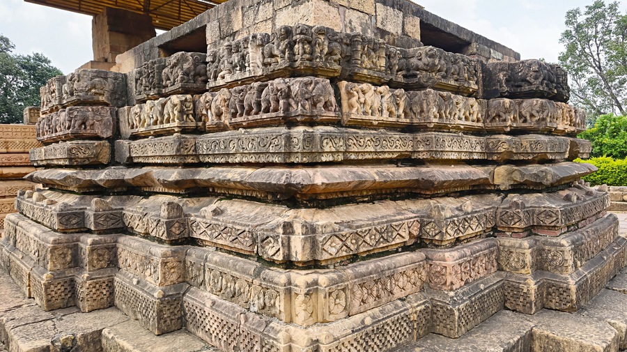 Carved Designs Outside on the Shri Pataleshwar Temple, it was built By Somraj, a Brahmin in 12th Century, Malhar, Bilaspur, Chhattisgarh, India...