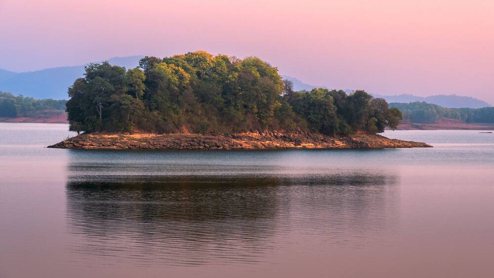 Un lac paisible avec une petite île couverte d’arbres.