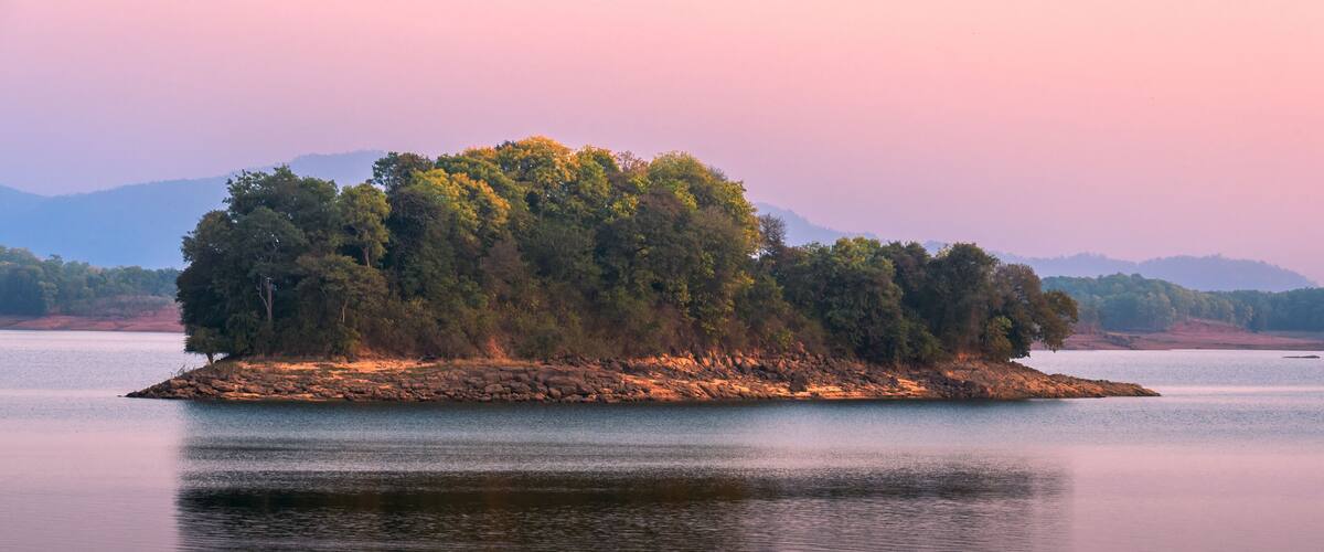 A tranquil lake with a small island covered in trees.