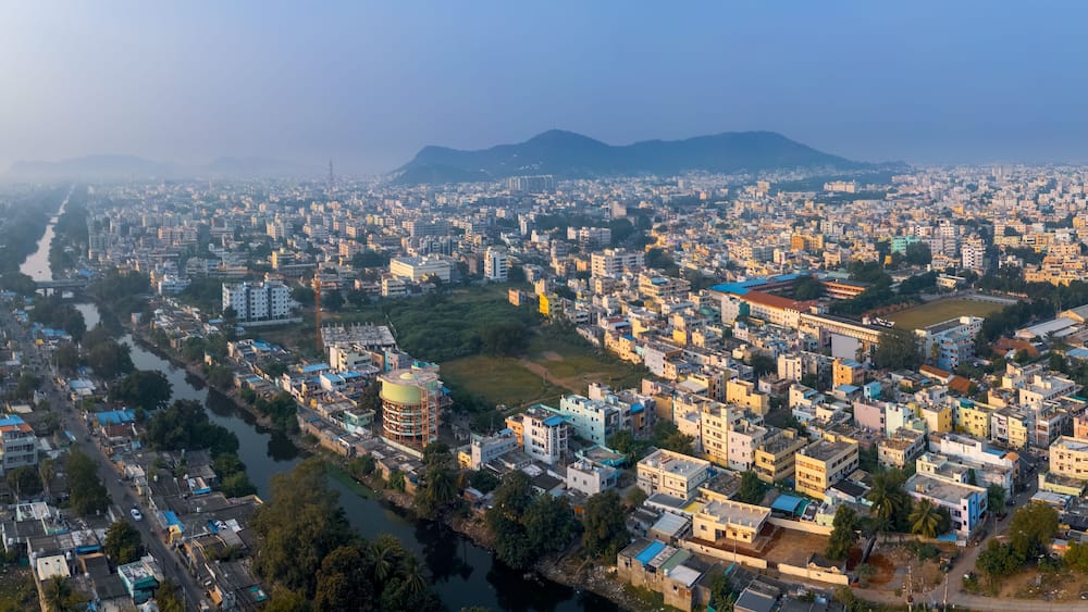 Aerial view of Vijayawada city, is a second largest city in the state of Andhra Pradesh in India.