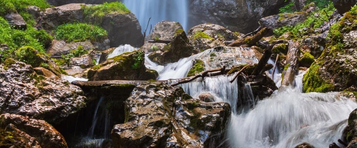 A waterfall cascading over rocks in a lush, green forest.