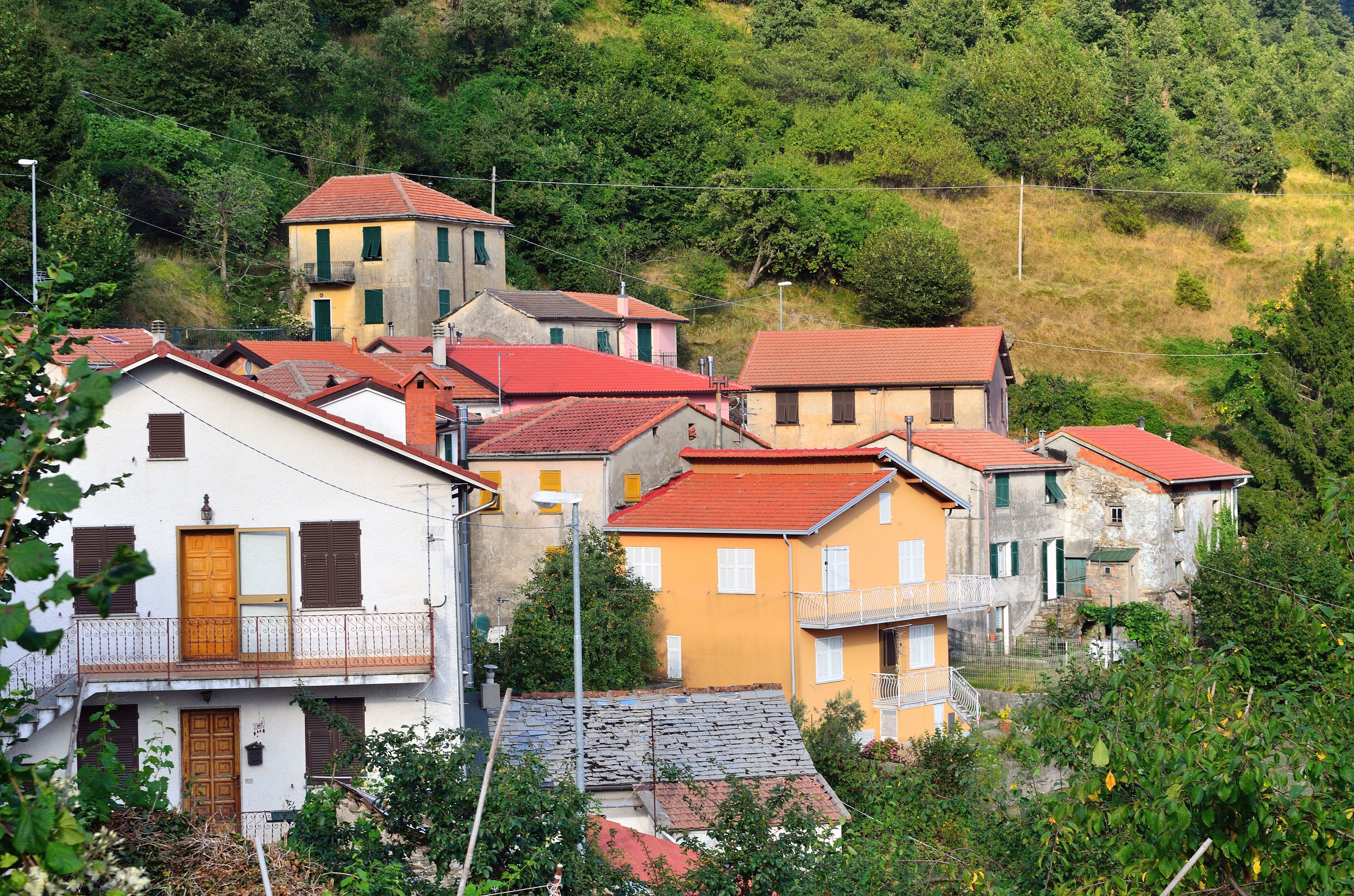A cluster of colorful houses with red roofs nestled in a hillside village.