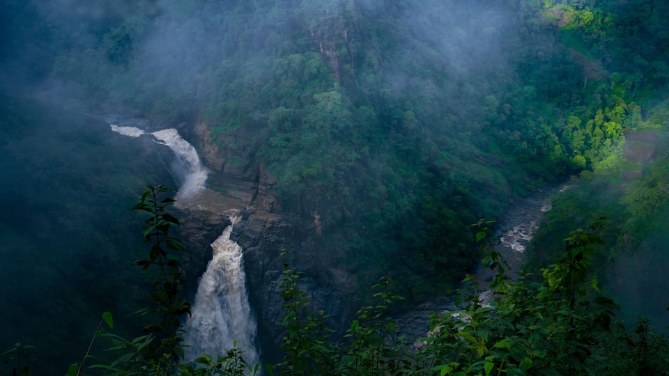 A waterfall cascading down a rocky cliff surrounded by dense green forest.