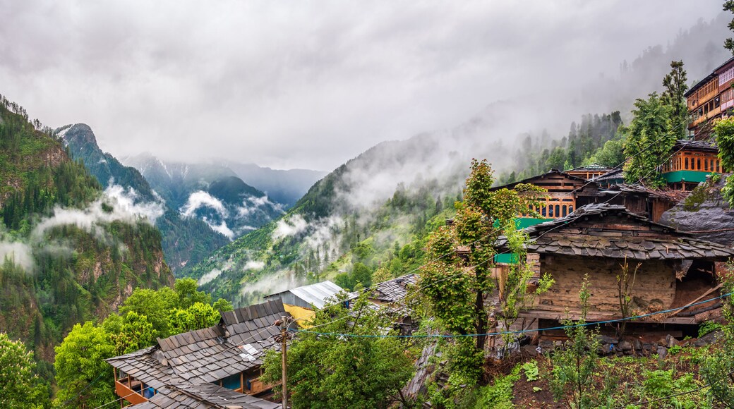 Panoramic view of Jakha, It is a small village also called hangining village because it looks hanging on the Himalayas mountains enroute Rupin Pass trail in Shimla district of Himachal Pradesh, India.